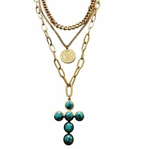 2FOR$30 - Elegant Gold and Turquoise Cross Necklace Set